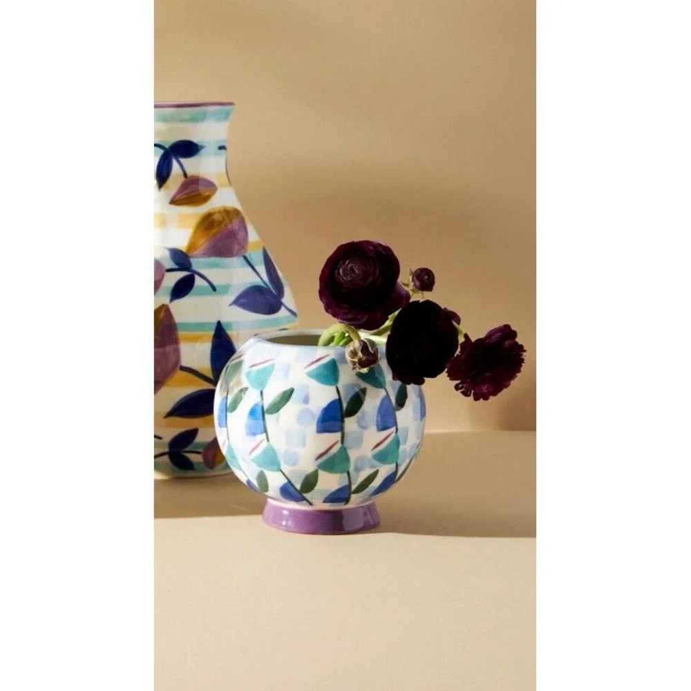Anthropologie Copen‎ Vase Pot Planter Blue Abstract Modern Floral Blue Green 5